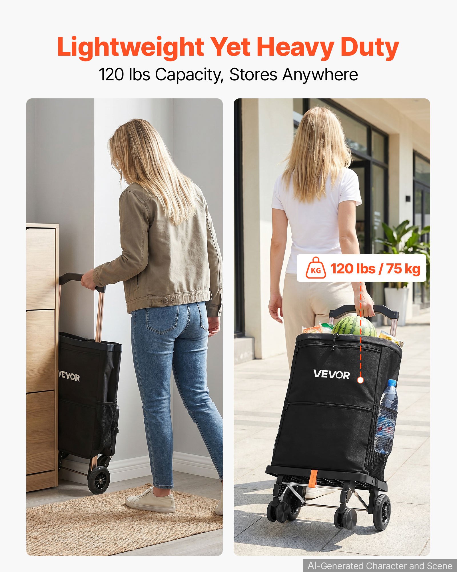 VEVOR Carrello della Spesa Pieghevole a 4 Ruote con Borsa Rimovibile, Carrello 2 in 1 con Manico Telescopico, Scomparti Portaoggetti in Tessuto Robusto, per Mercato, Lavanderia e Campeggio, Nero
