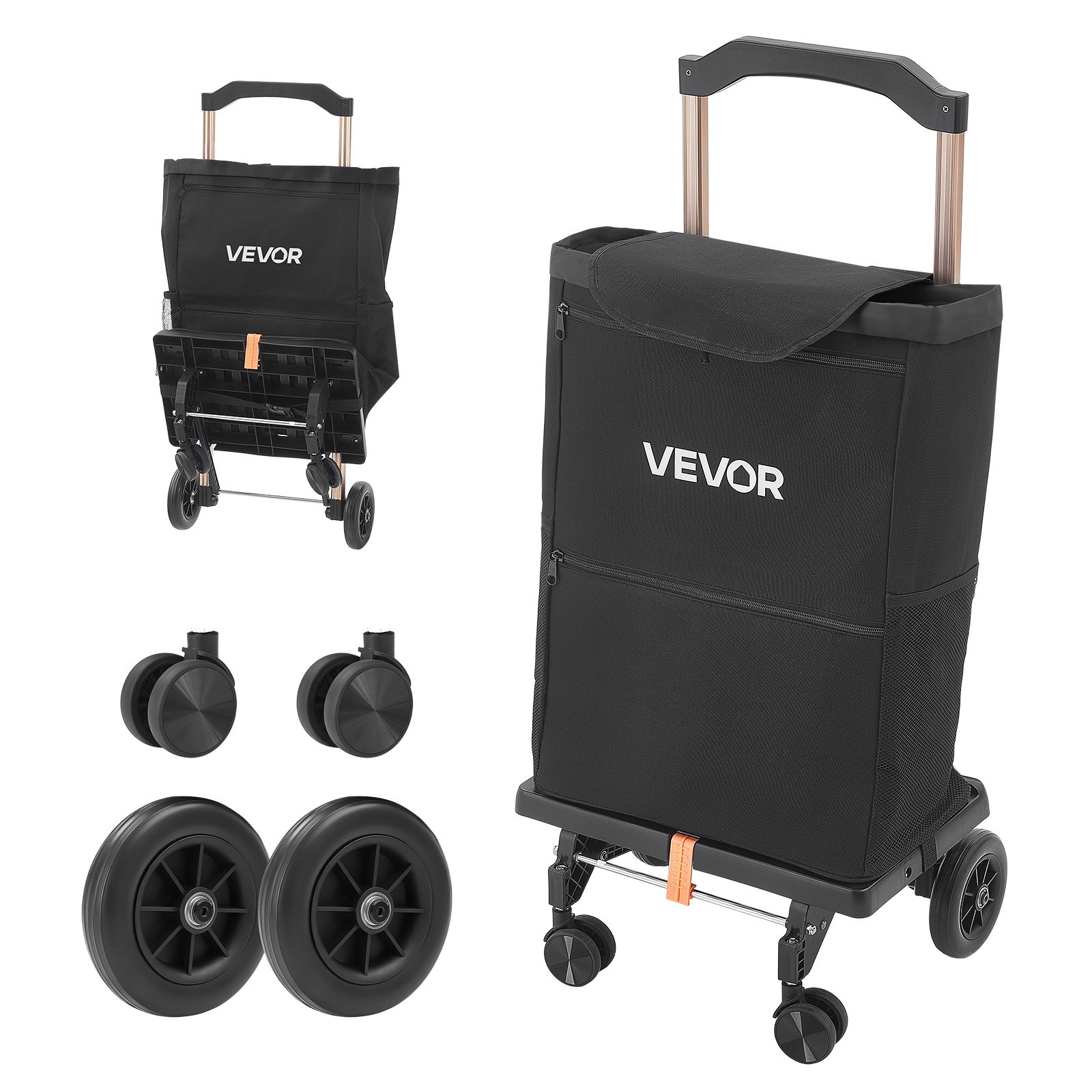 VEVOR Carrello della Spesa Pieghevole a 4 Ruote con Borsa Rimovibile, Carrello 2 in 1 con Manico Telescopico, Scomparti Portaoggetti in Tessuto Robusto, per Mercato, Lavanderia e Campeggio, Nero