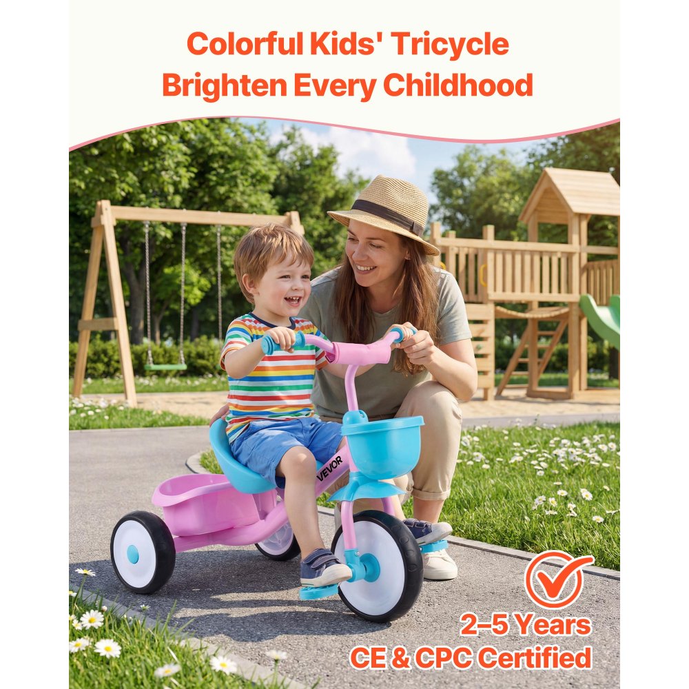 VEVOR Triciclo per Bambini da 2 a 5 Anni, Triciclo con Sedile Regolabile Cestino Posteriore Portaoggetti Telaio in Acciaio al Carbonio, Triciclo per Bambini con Manubrio Ruote in EVA, Rosa + Blu