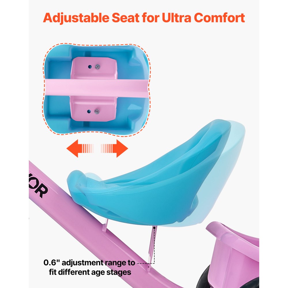 VEVOR Triciclo per Bambini da 2 a 5 Anni, Triciclo con Sedile Regolabile Cestino Posteriore Portaoggetti Telaio in Acciaio al Carbonio, Triciclo per Bambini con Manubrio Ruote in EVA, Rosa + Blu