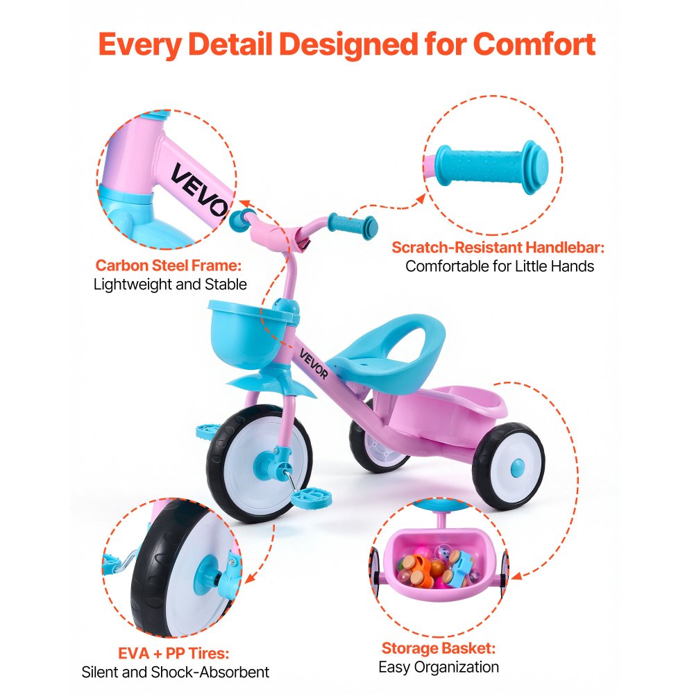 VEVOR Triciclo per Bambini da 2 a 5 Anni, Triciclo con Sedile Regolabile Cestino Posteriore Portaoggetti Telaio in Acciaio al Carbonio, Triciclo per Bambini con Manubrio Ruote in EVA, Rosa + Blu