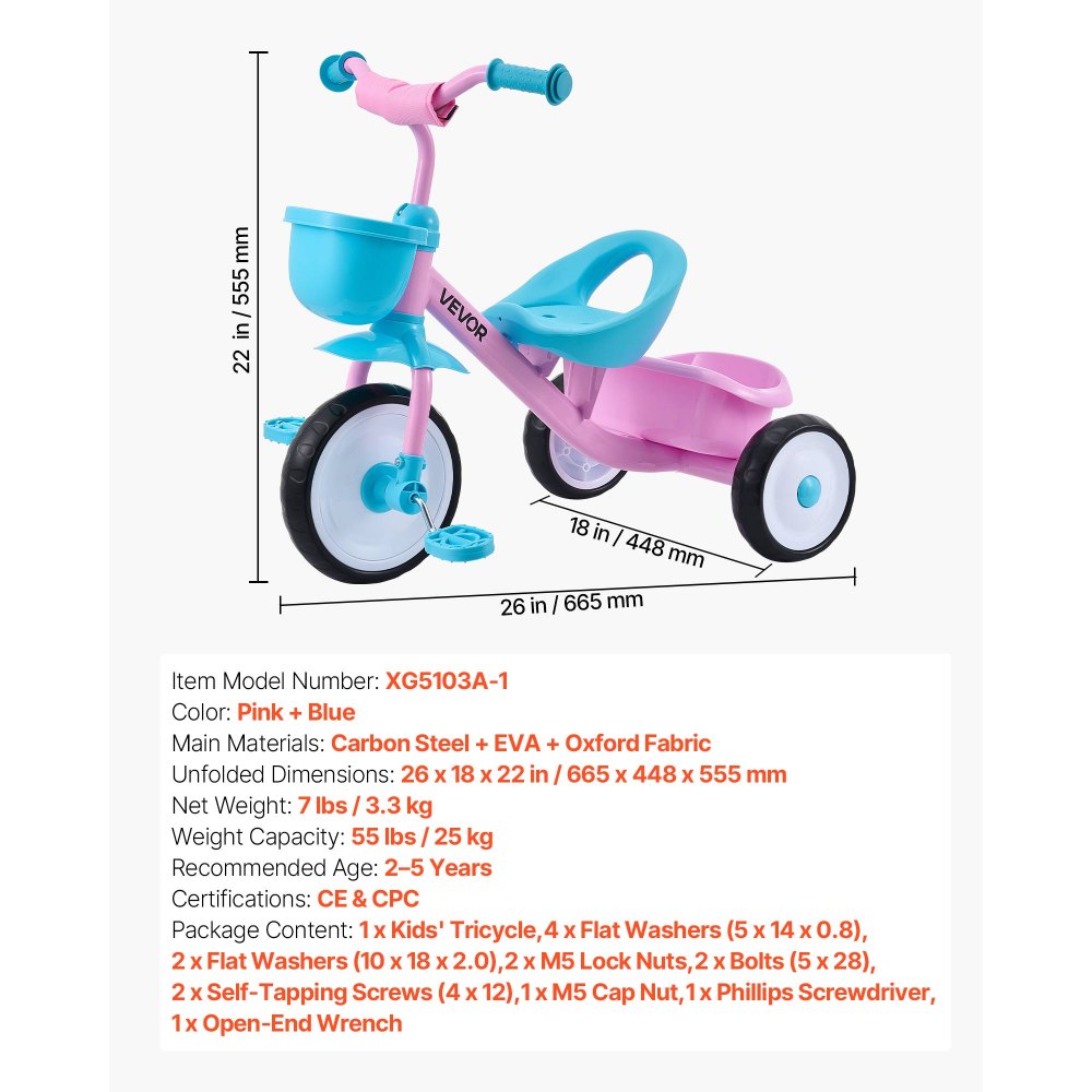VEVOR Triciclo per Bambini da 2 a 5 Anni, Triciclo con Sedile Regolabile Cestino Posteriore Portaoggetti Telaio in Acciaio al Carbonio, Triciclo per Bambini con Manubrio Ruote in EVA, Rosa + Blu