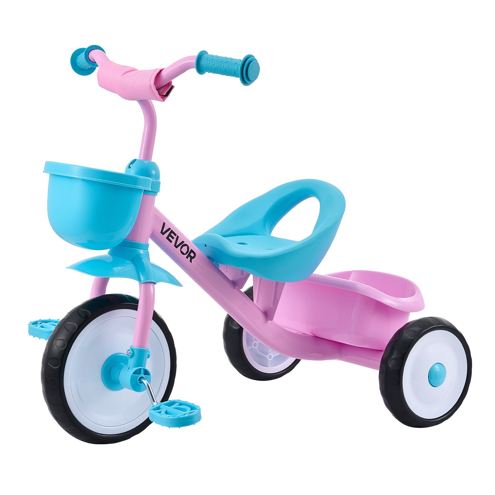 VEVOR Triciclo per Bambini da 2 a 5 Anni, Triciclo con Sedile Regolabile Cestino Posteriore Portaoggetti Telaio in Acciaio al Carbonio, Triciclo per Bambini con Manubrio Ruote in EVA, Rosa + Blu