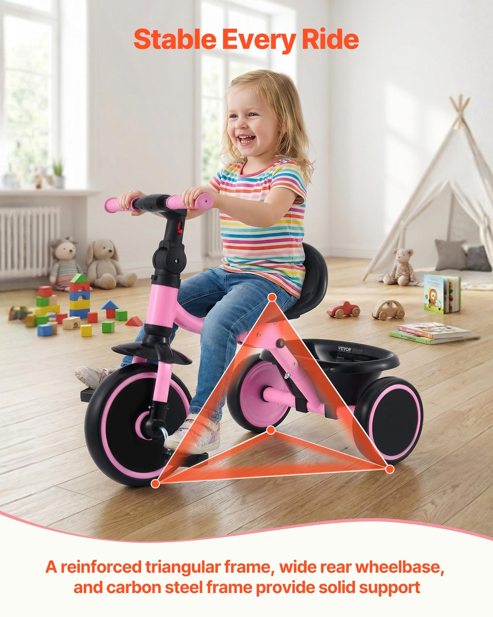 VEVOR Triciclo per Bambini da 2 a 5 Anni, Triciclo con Sedile Regolabile Cestino Posteriore Portaoggetti Telaio in Acciaio al Carbonio, Triciclo per Bambini con Manubrio Ruote in EVA, Rosa Nero