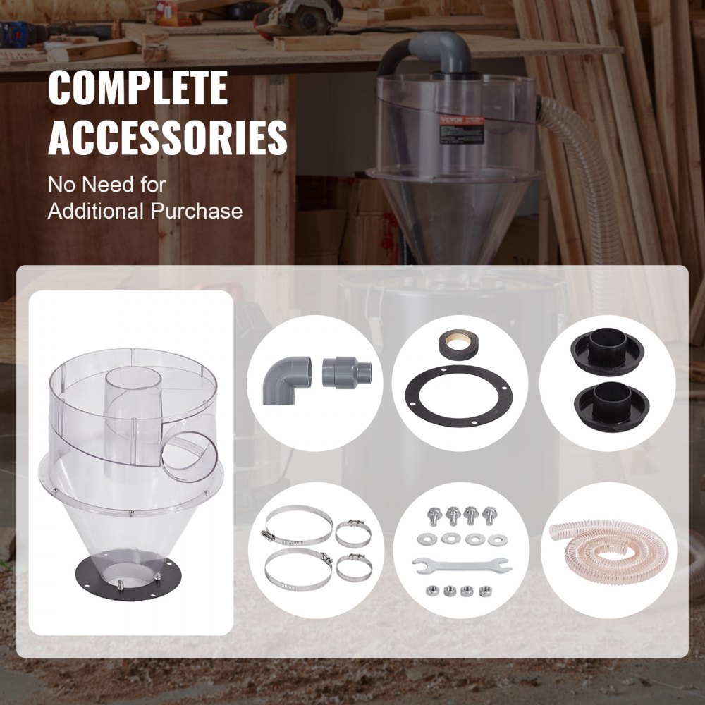 VEVOR Separatore Polveri Ciclonico, Filtro Collettore di Polveri Ciclonico in ABS da 101,6 mm, con Adattatore da 50 mm, Tubo da 2 m, per Aspirapolveri a Umido/Secco, Adatto a Serbatoio 18,9-37,85 L