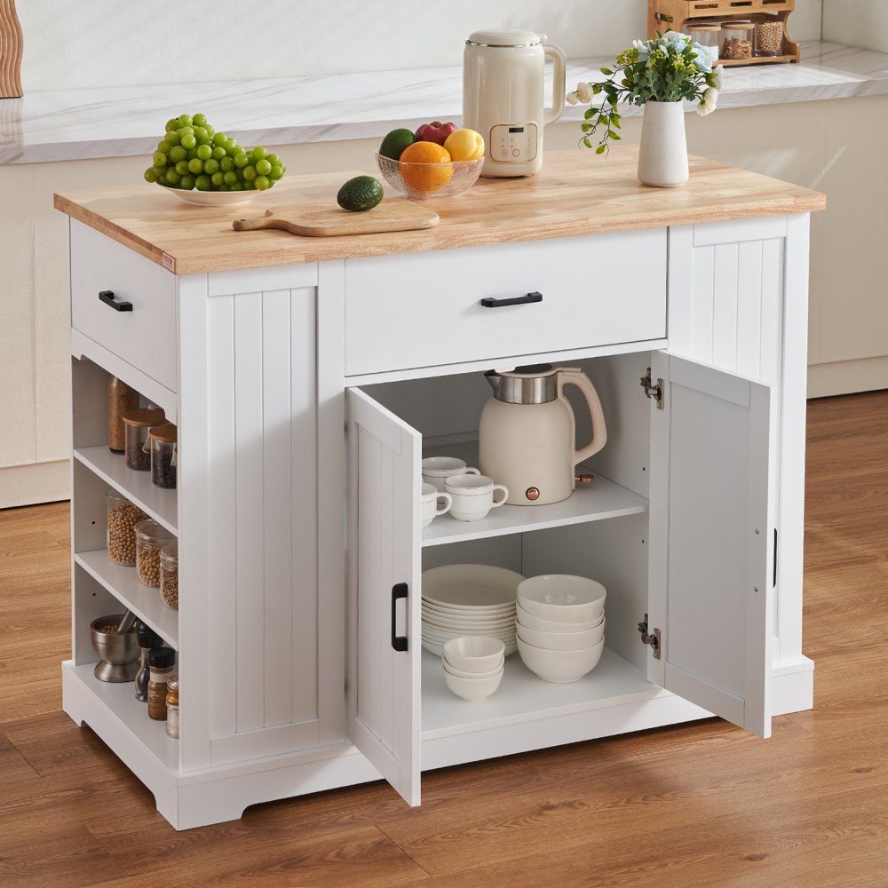 VEVOR Carrello da Cucina, Tavolo da Colazione in Legno da 46" con Mobiletto Portaoggetti, Tavolo da Cucina Stile Fattoria con Ripiano Regolabile, Cassetto, per Sala da Pranzo, Soggiorno, Bianco