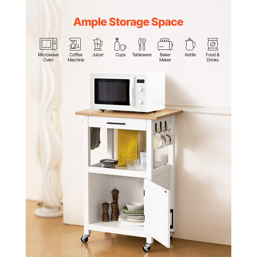 VEVOR Carrello da Cucina con Anta Singola, Carrello Mobile con Cassetto, Portasciugamani e Ganci, Tavolo Portatile con Ruote, Piccole Isole da Caffè, Supporto per Sala da Pranzo, Bianco