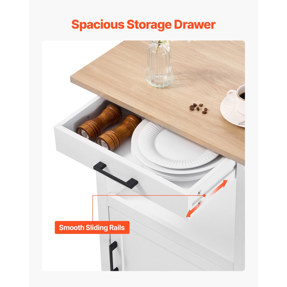 VEVOR Carrello da Cucina con Anta Singola, Carrello Mobile con Cassetto, Portasciugamani e Ganci, Tavolo Portatile con Ruote, Piccole Isole da Caffè, Supporto per Sala da Pranzo, Bianco