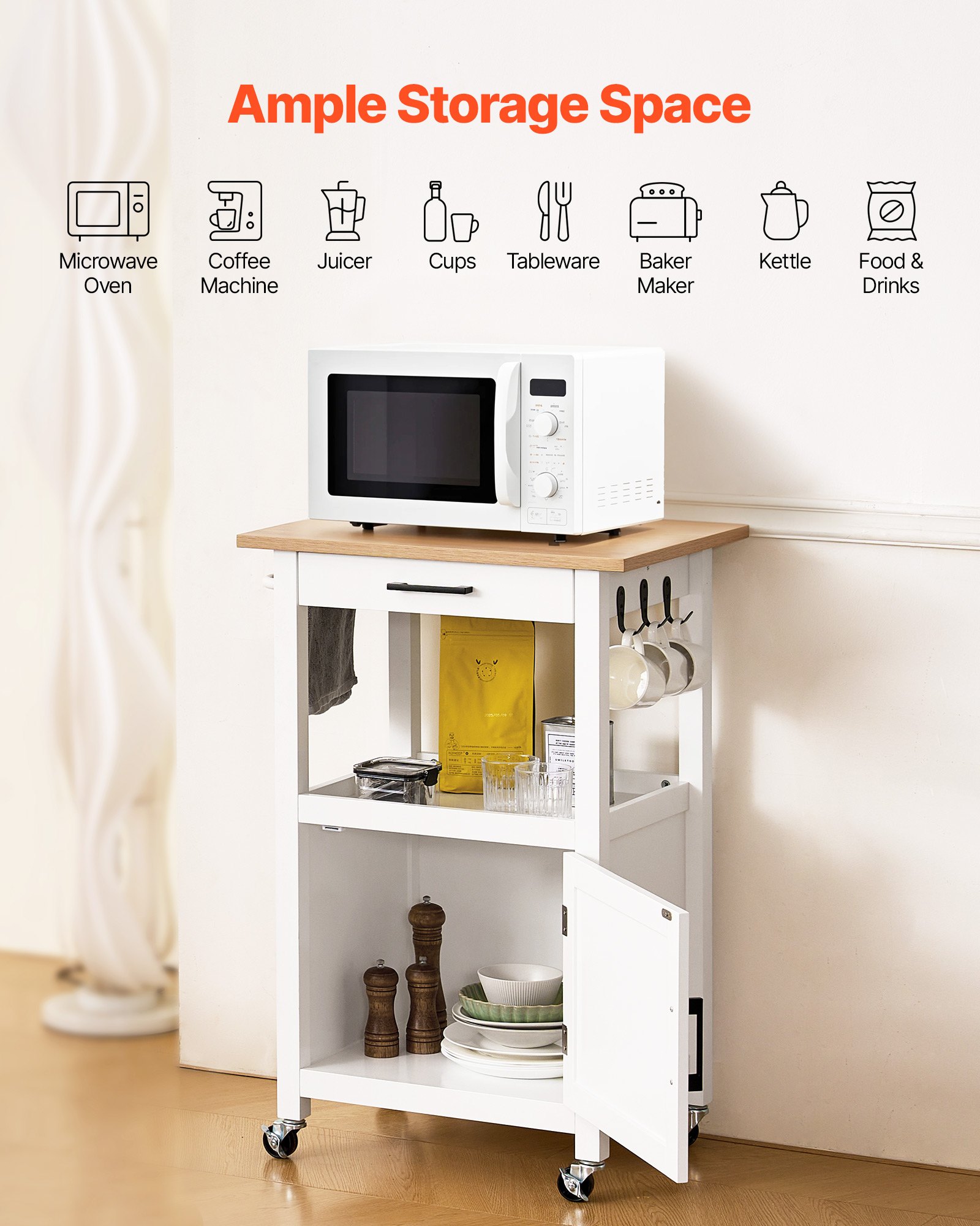 VEVOR Carrello da Cucina con Anta Singola, Carrello Mobile con Cassetto, Portasciugamani e Ganci, Tavolo Portatile con Ruote, Piccole Isole da Caffè, Supporto per Sala da Pranzo, Bianco
