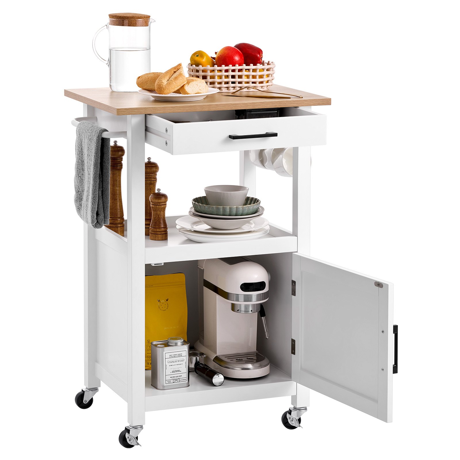 VEVOR Carrello da Cucina con Anta Singola, Carrello Mobile con Cassetto, Portasciugamani e Ganci, Tavolo Portatile con Ruote, Piccole Isole da Caffè, Supporto per Sala da Pranzo, Bianco