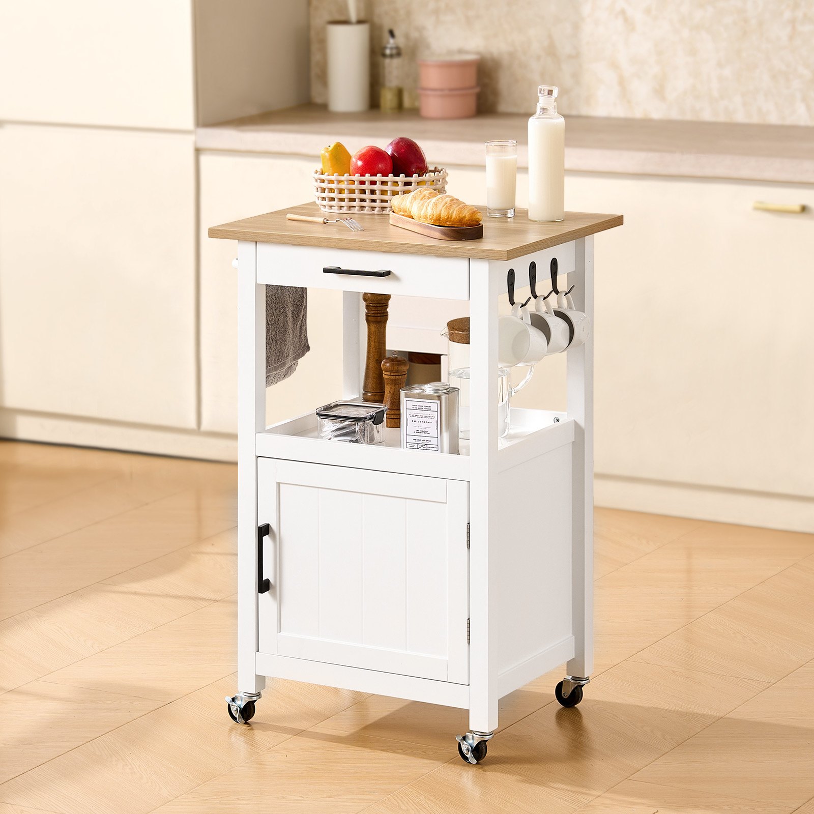 VEVOR Carrello da Cucina con Anta Singola, Carrello Mobile con Cassetto, Portasciugamani e Ganci, Tavolo Portatile con Ruote, Piccole Isole da Caffè, Supporto per Sala da Pranzo, Bianco