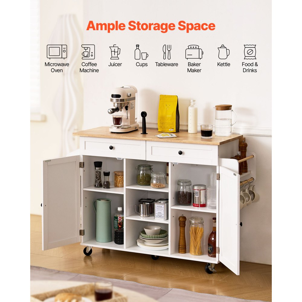 VEVOR Carrello da Cucina con Piano in Legno Massello e Mobiletto Portaoggetti, Tavolo Mobile con Ruote e Piano Pieghevole, Cassetti e Porta Spezie, Carrello di Servizio Portatile per Sala da Pranzo