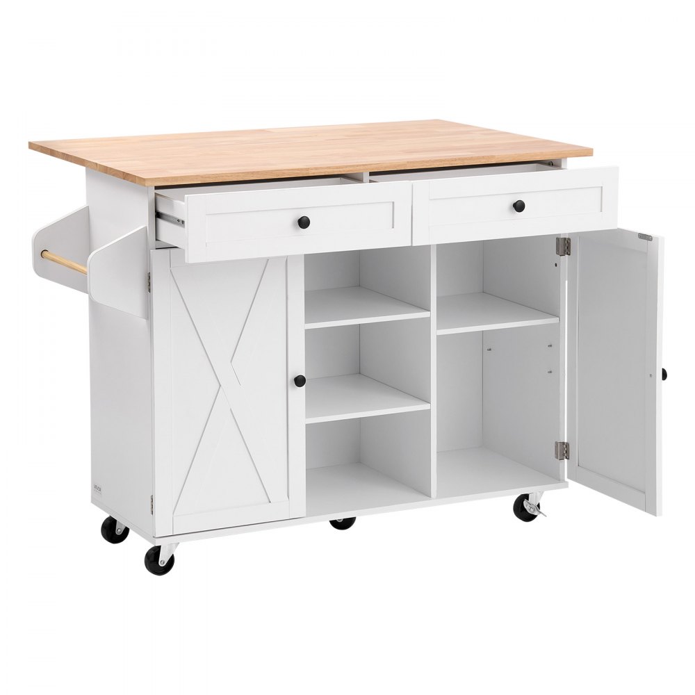 VEVOR Carrello da Cucina con Piano in Legno Massello e Mobiletto Portaoggetti, Tavolo Mobile con Ruote e Piano Pieghevole, Cassetti e Porta Spezie, Carrello di Servizio Portatile per Sala da Pranzo