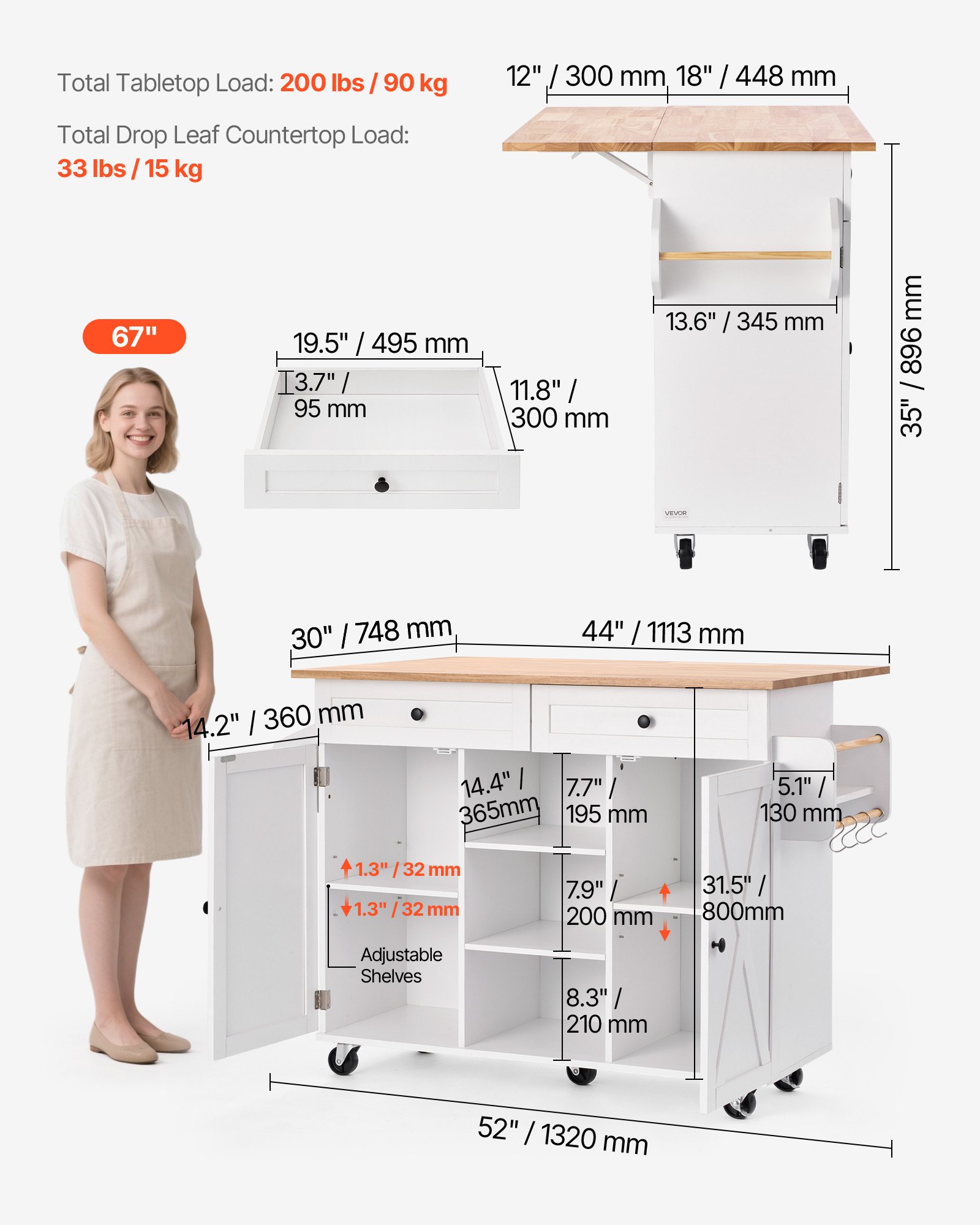 VEVOR Carrello da Cucina con Piano in Legno Massello e Mobiletto Portaoggetti, Tavolo Mobile con Ruote e Piano Pieghevole, Cassetti e Porta Spezie, Carrello di Servizio Portatile per Sala da Pranzo