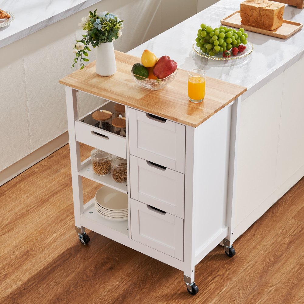 VEVOR Carrello da Cucina in Legno, Tavolo da Colazione Mobile con Piano 3 Cassetti e Ripiani su Ruote, Tavolo da Cucina Isole Portatili, per Sala da pranzo, Soggiorno, Fattoria, Bianco 670 mm