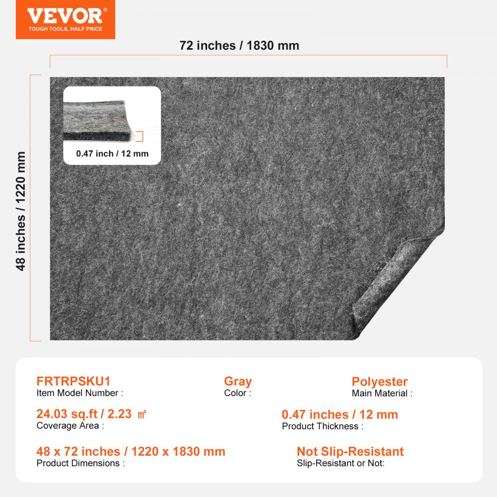 VEVOR Carpet Tiles, 122x183cm, Protective Padding, 12mm Thick Double-Sided Felt, Flooring, Premium Comfort Carpet Underlay, Carpet Cushion, Safe for All Floors, Grey