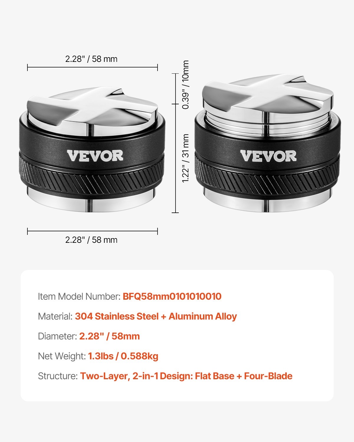 VEVOR Distributore di Caffè da 58 mm Strumento per Spianare Caffè Macinato con Base a Ventaglio, Spianatrice in Acciaio Inossidabile 304 e Lega di Alluminio con Design Facile da Smontare
