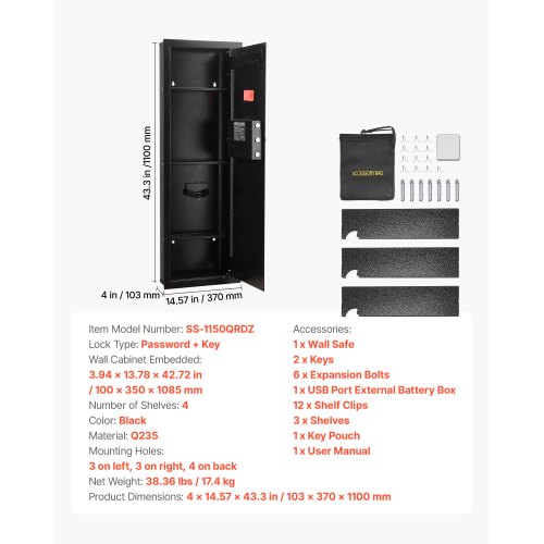 Cassaforte a Muro da 103 x 370 x 1100 mm con Password e Chiave, Alloggiamento Integrato in Acciaio Laminato a Freddo Q235 con Ripiani Regolabili e Illuminazione a LED, per Denaro