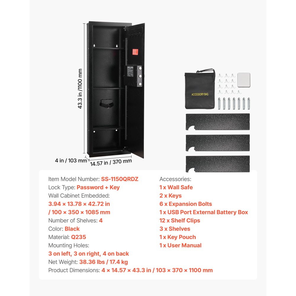 VEVOR Cassaforte a Muro da 103 x 370 x 1100 mm con Password e Chiave, Alloggiamento Integrato in Acciaio Laminato a Freddo Q235 con Ripiani Regolabili e Illuminazione a LED, per Denaro, Gioielli