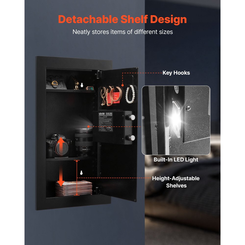 VEVOR Cassaforte a Muro da 102 x 370 x 630 mm con Password e Chiave, Alloggiamento Integrato in Acciaio Laminato a Freddo Q235 con Ripiani Regolabili e Illuminazione a LED, per Denaro, Gioielli