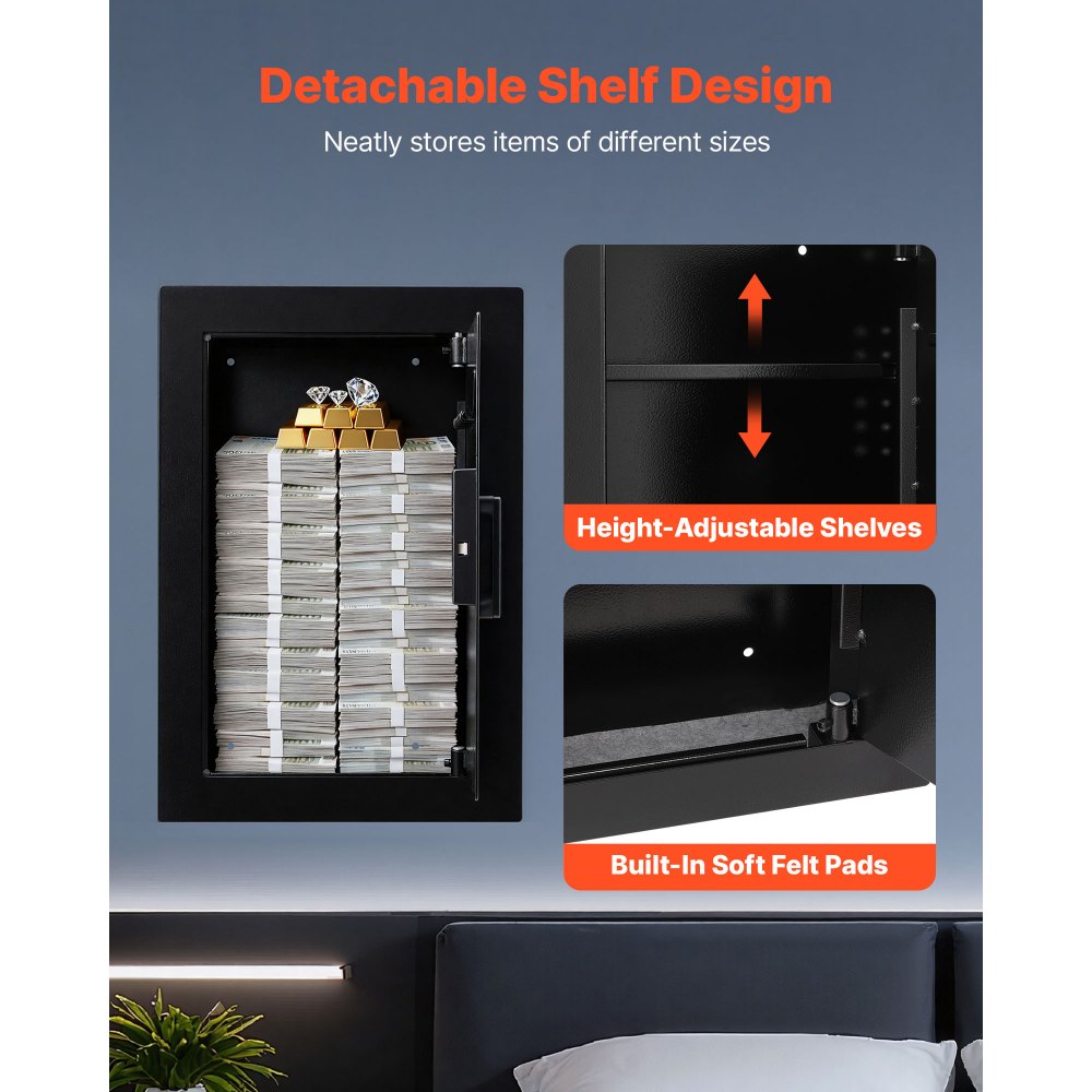 VEVOR Cassaforte Elettronica a Muro da 102 x 381 x 599 mm, Alloggiamento Integrato in Acciaio Laminato a Freddo Q235 con Password, Chiave, Manopola Girevole e Serratura a Impronta Digitale