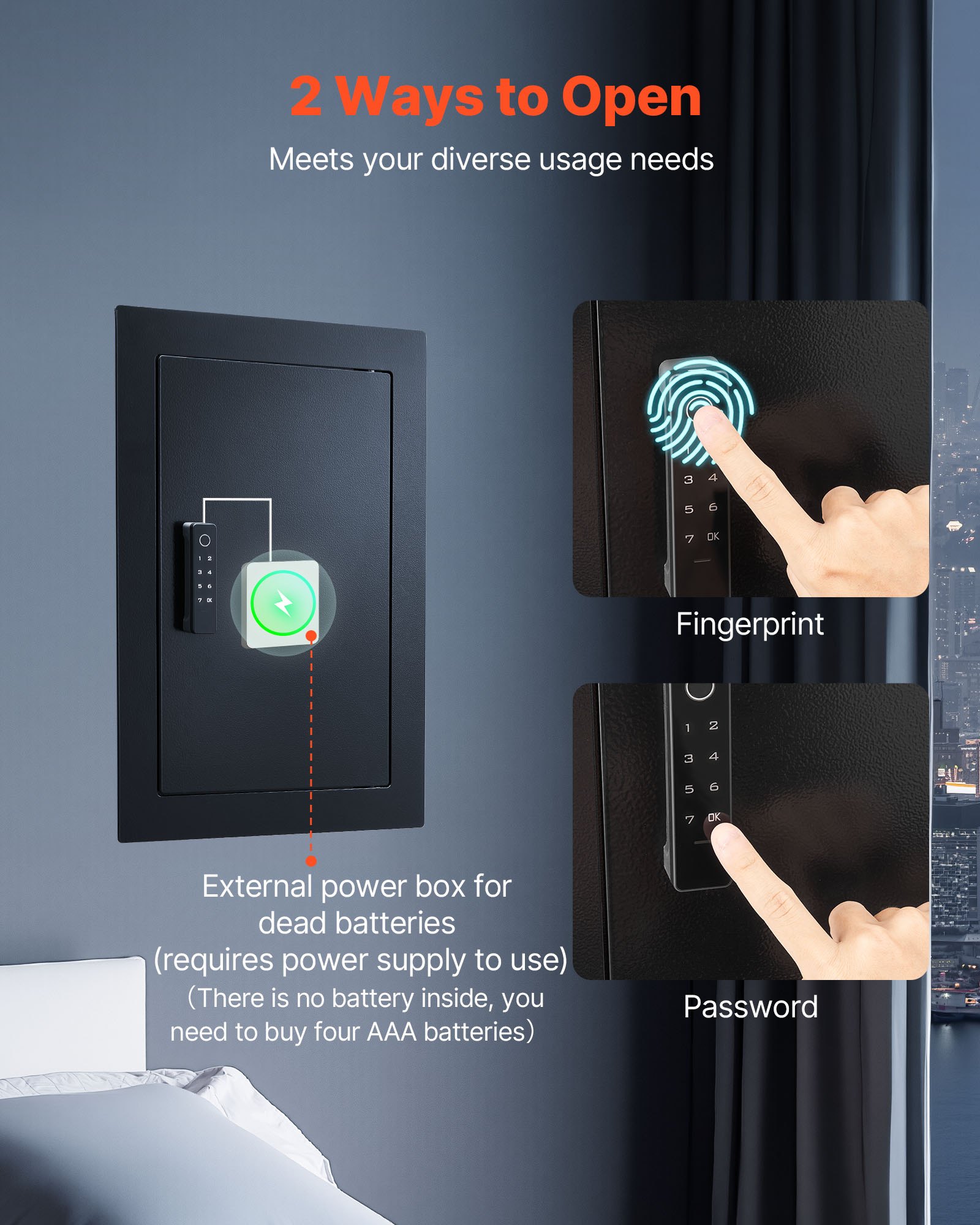 VEVOR Cassaforte Elettronica a Muro da 102 x 381 x 599 mm, Alloggiamento Integrato in Acciaio Laminato a Freddo Q235 con Password, Chiave, Manopola Girevole e Serratura a Impronta Digitale