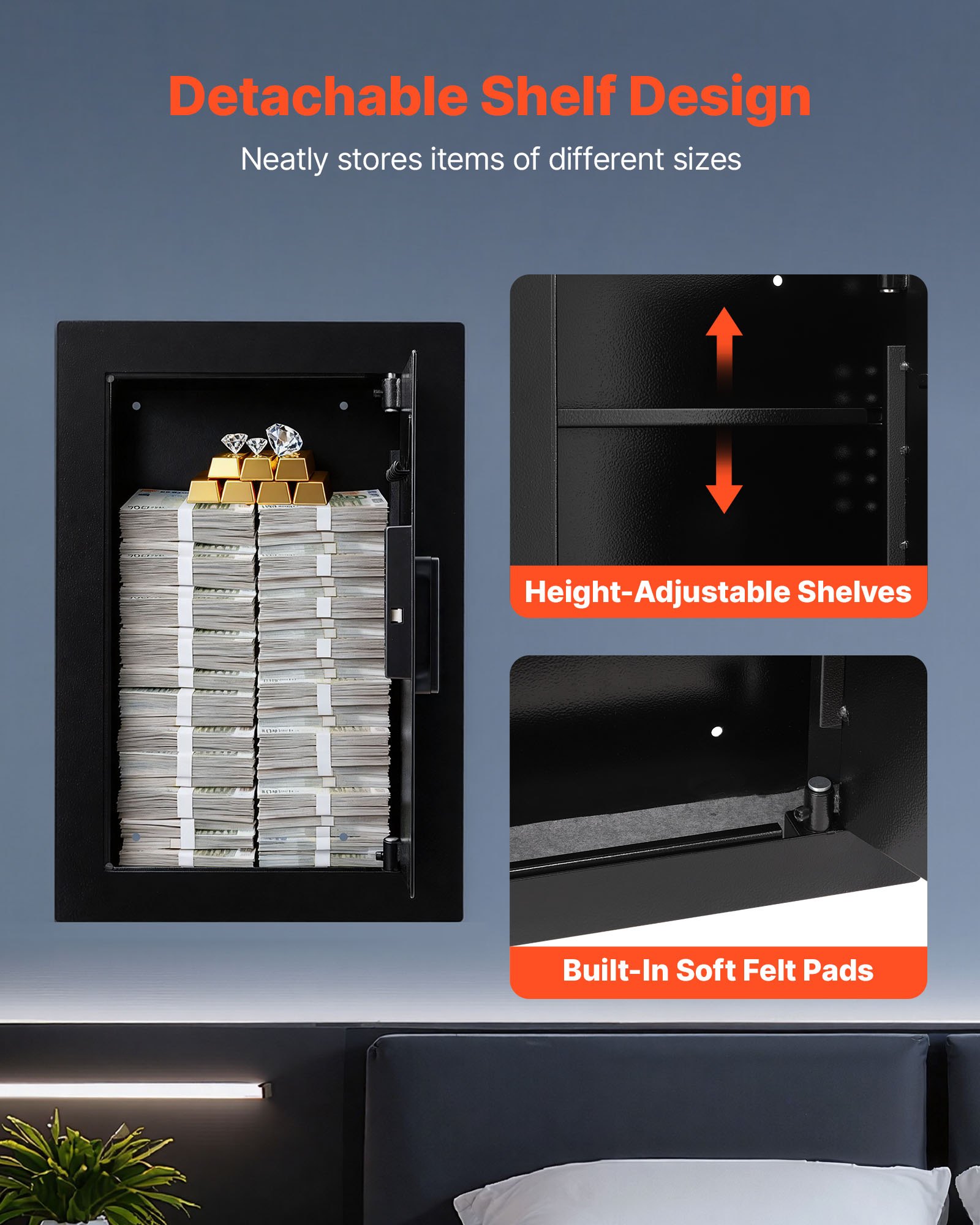 VEVOR Cassaforte Elettronica a Muro da 102 x 381 x 599 mm, Alloggiamento Integrato in Acciaio Laminato a Freddo Q235 con Password, Chiave, Manopola Girevole e Serratura a Impronta Digitale