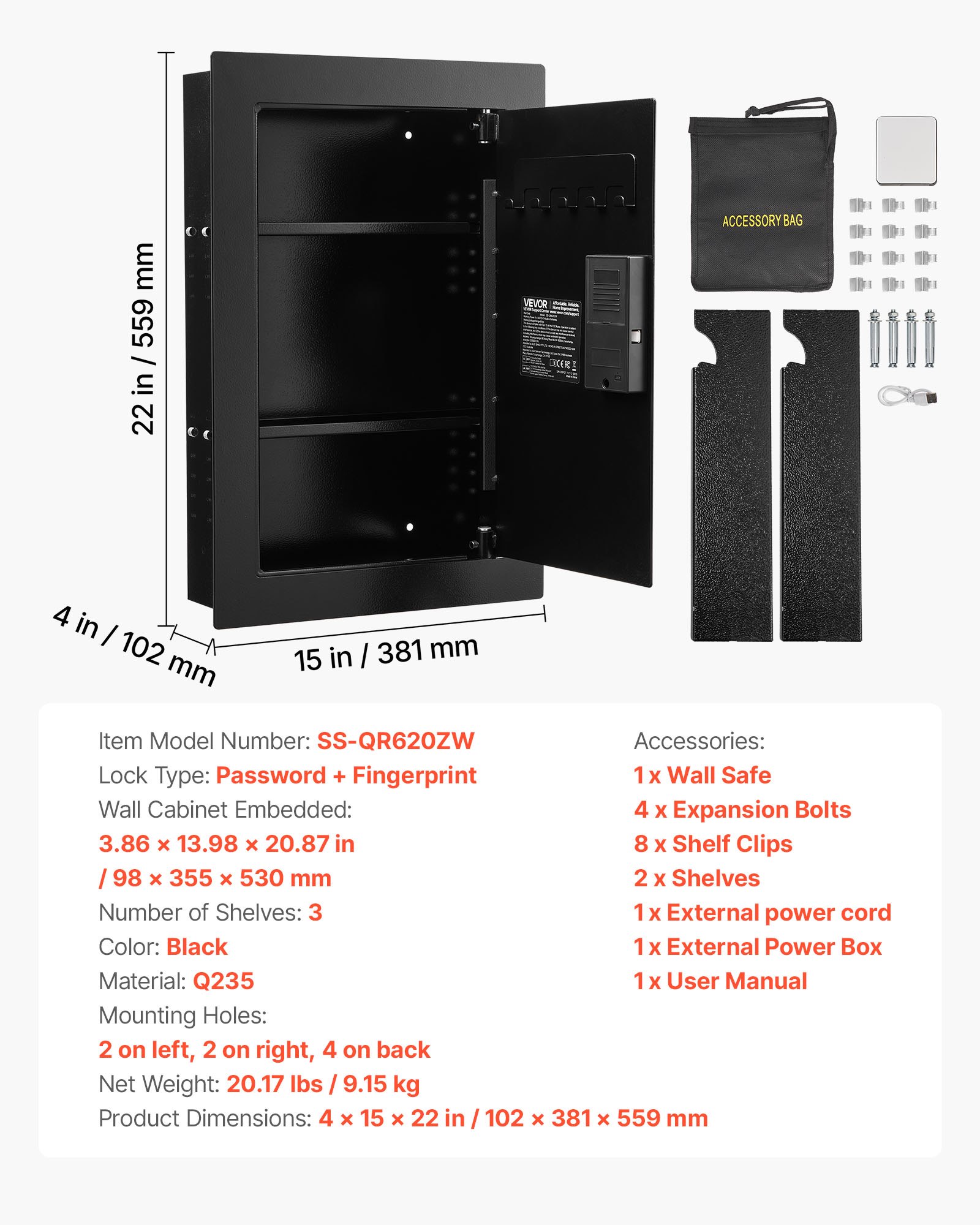 VEVOR Cassaforte Elettronica a Muro da 102 x 381 x 599 mm, Alloggiamento Integrato in Acciaio Laminato a Freddo Q235 con Password, Chiave, Manopola Girevole e Serratura a Impronta Digitale