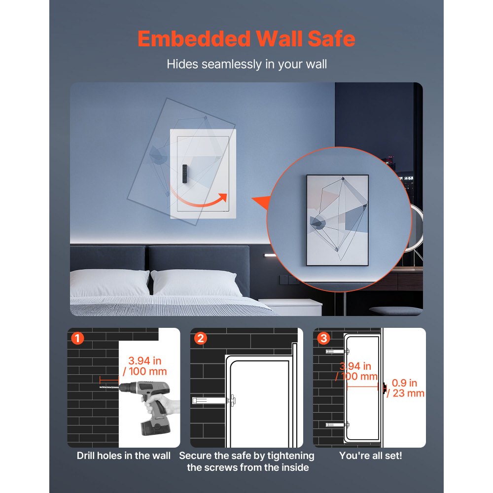 VEVOR Cassaforte a Muro da 102 x 413 x 559 mm con Password e Chiave, Alloggiamento Integrato in Acciaio Laminato a Freddo Q235 con Ripiani Regolabili e Illuminazione a LED, per Denaro, Gioielli