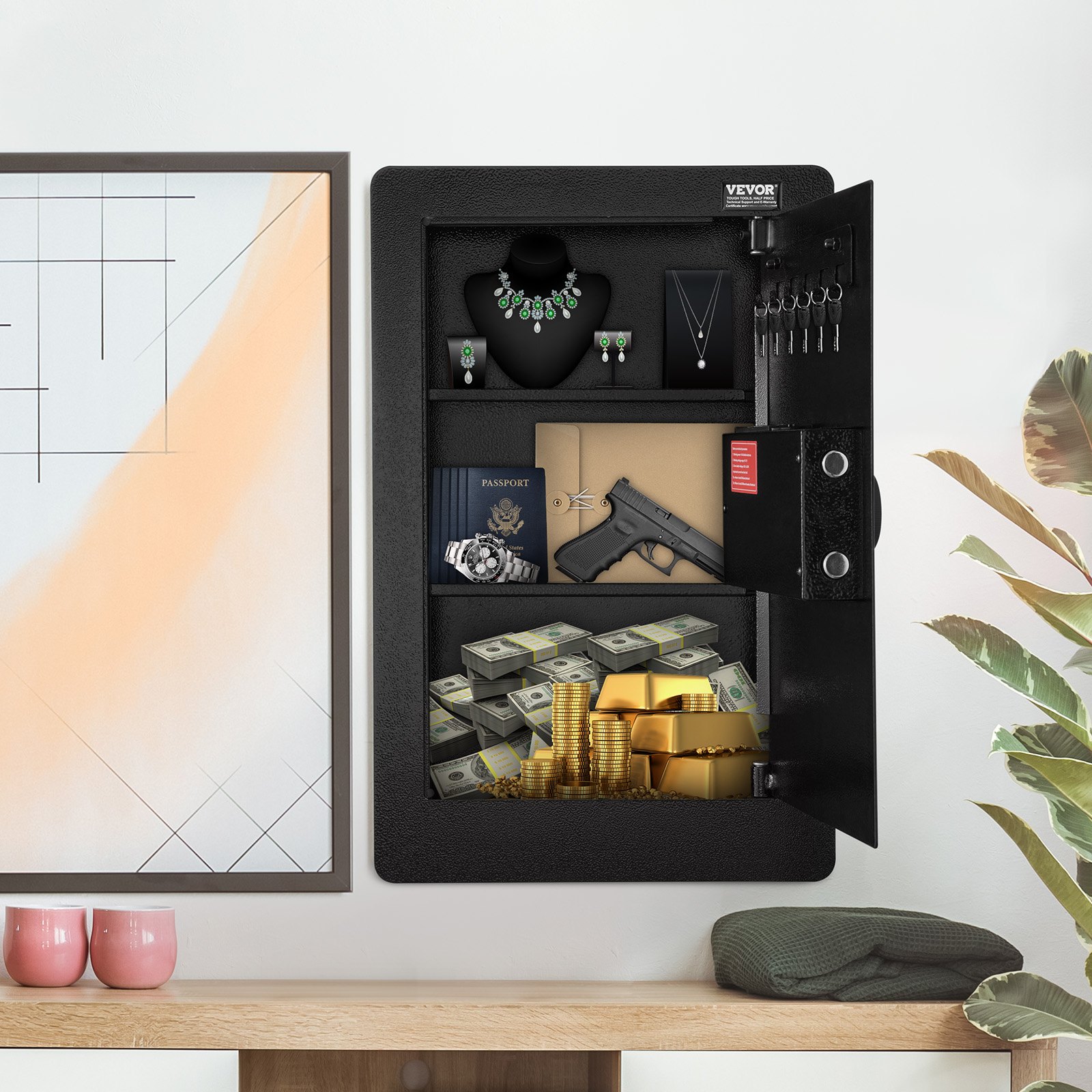 VEVOR Cassaforte da Muro 650x420x100 mm Cassaforte con 3 Livelli 3 Ripiani Rimovibili Luce LED Allarme a Vibrazione, Tastiera Impronta Digitale per Passaporti Armi Lunghe Gioielli Contanti Documenti