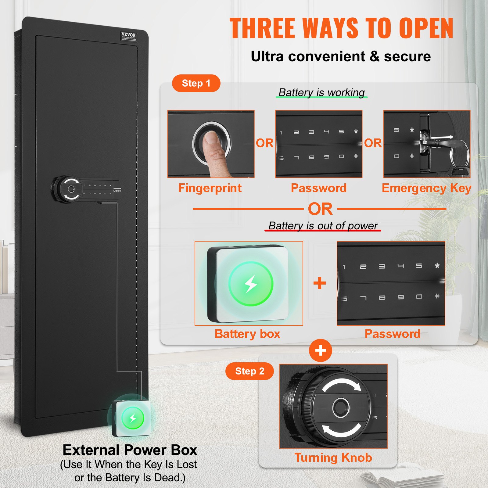 VEVOR Gun Safe Wall Safe with 4 Levels, 3 Removable Shelves, 6 Key Holders, LED Light, Vibration Alarm, Keypad and Fingerprint, for Long Guns, Passports, Jewelry, Cash, Documents