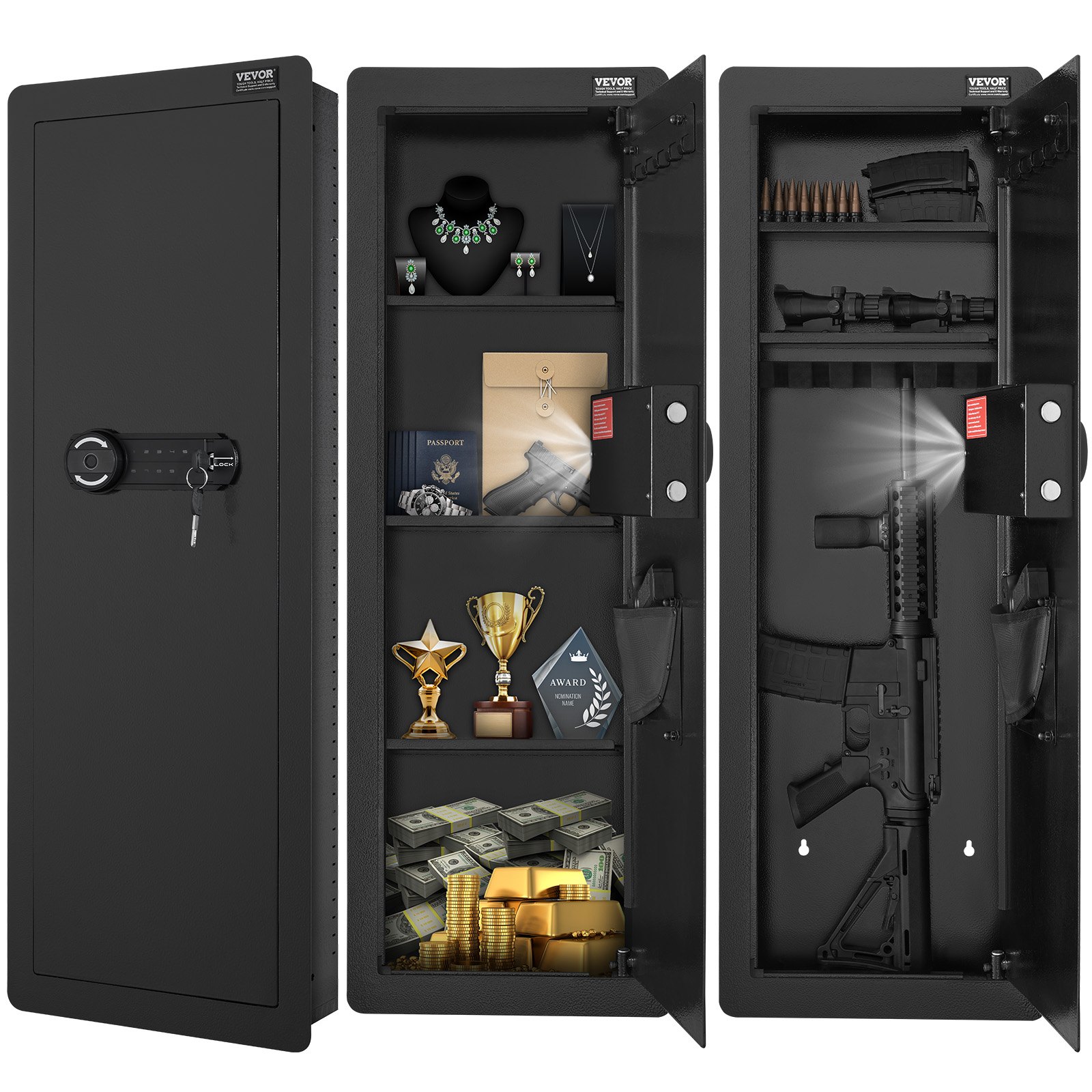 VEVOR Gun Safe Wall Safe with 4 Levels, 3 Removable Shelves, 6 Key Holders, LED Light, Vibration Alarm, Keypad and Fingerprint, for Long Guns, Passports, Jewelry, Cash, Documents
