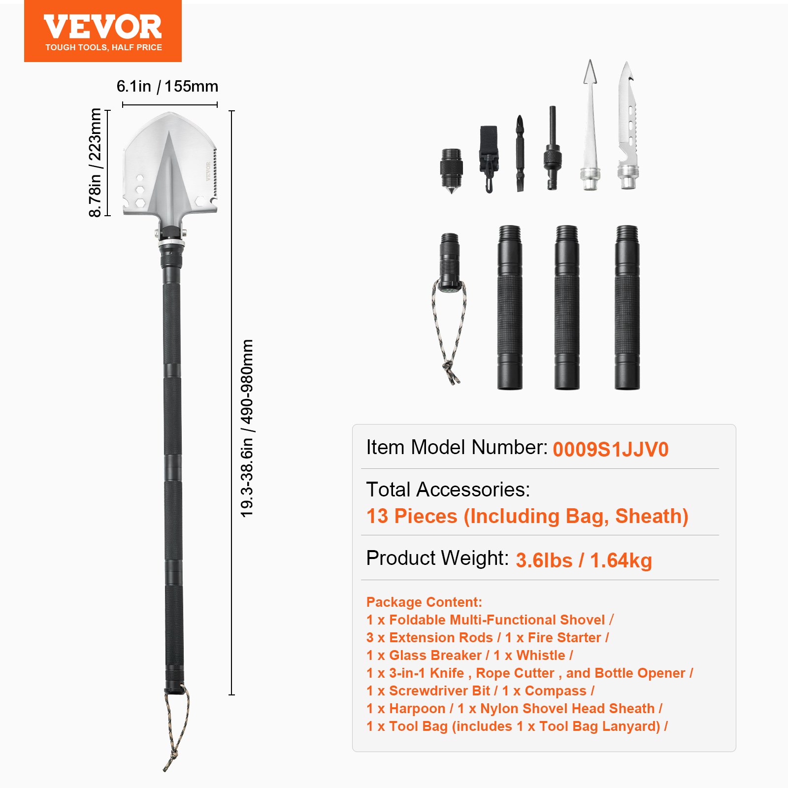 VEVOR Survival Shovel 13 in 1 Shovel, Foldable Multitool 98 cm Long, Compact Shovel for Off-Road Driving, Camping, Hiking, Outdoor Survivalists, Emergencies