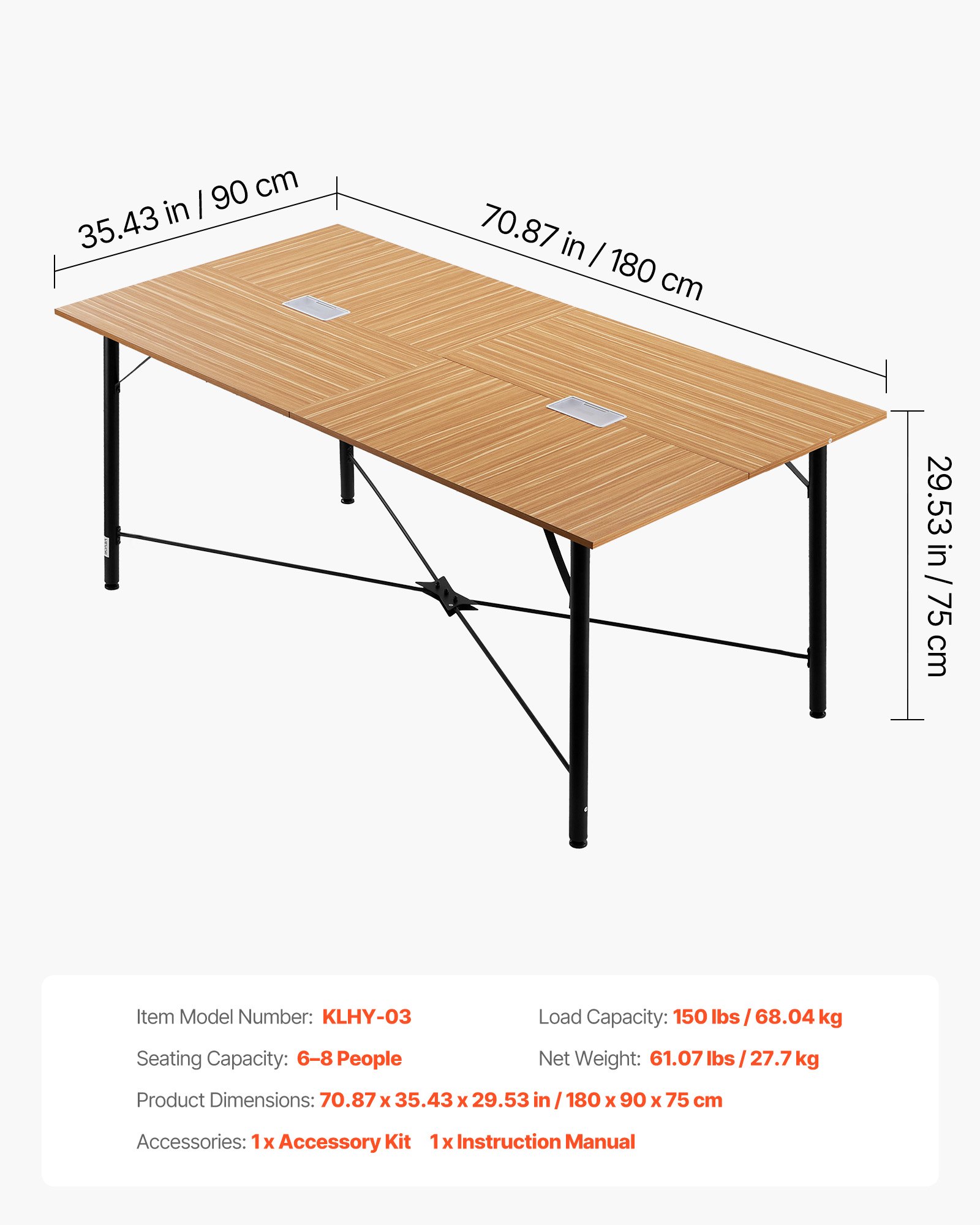 VEVOR Conference Table, 1800 mm Office Meeting Table for 6-8 Person, Modern Rectangle Seminar Desk with Metal Legs, Meeting Desk Ideal for Office, Boardroom, Conference Room, Easy Assembly, Brown