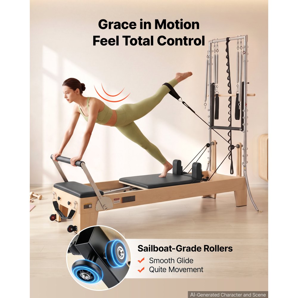 VEVOR Macchina Pilates Reformer con Torre Lunghezza 2,4 m Carico 181 kg Attrezzatura per Allenamento Forza, Flessibilità, Mobilità del Corpo, Palestra, Legno d'Acero, per Principianti, Avanzati,