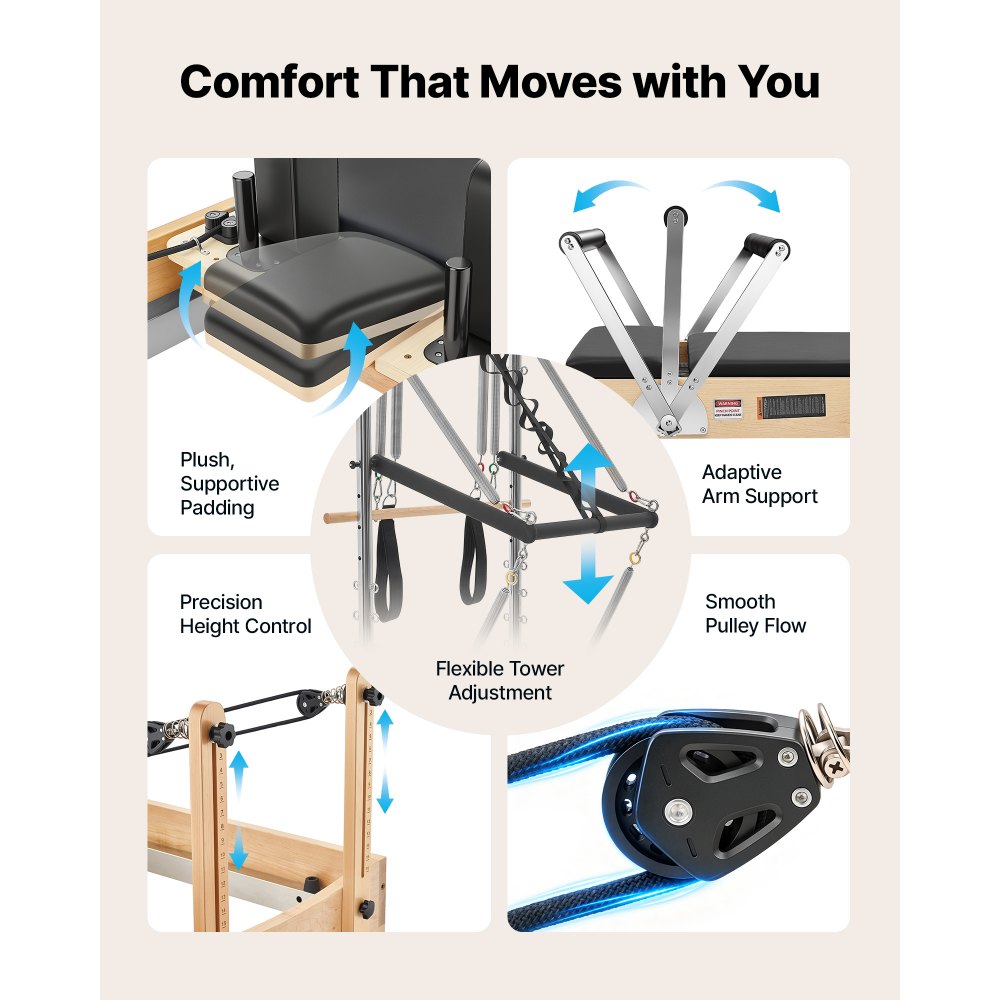VEVOR Macchina Pilates Reformer con Torre Lunghezza 2,4 m Carico 181 kg Attrezzatura per Allenamento Forza, Flessibilità, Mobilità del Corpo, Palestra, Legno d'Acero, per Principianti, Avanzati,