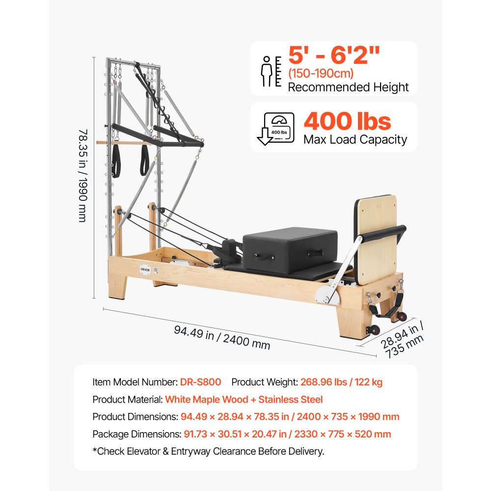 VEVOR Macchina Pilates Reformer con Torre Lunghezza 2,4 m Carico 181 kg Attrezzatura per Allenamento Forza, Flessibilità, Mobilità del Corpo, Palestra, Legno d'Acero, per Principianti, Avanzati,