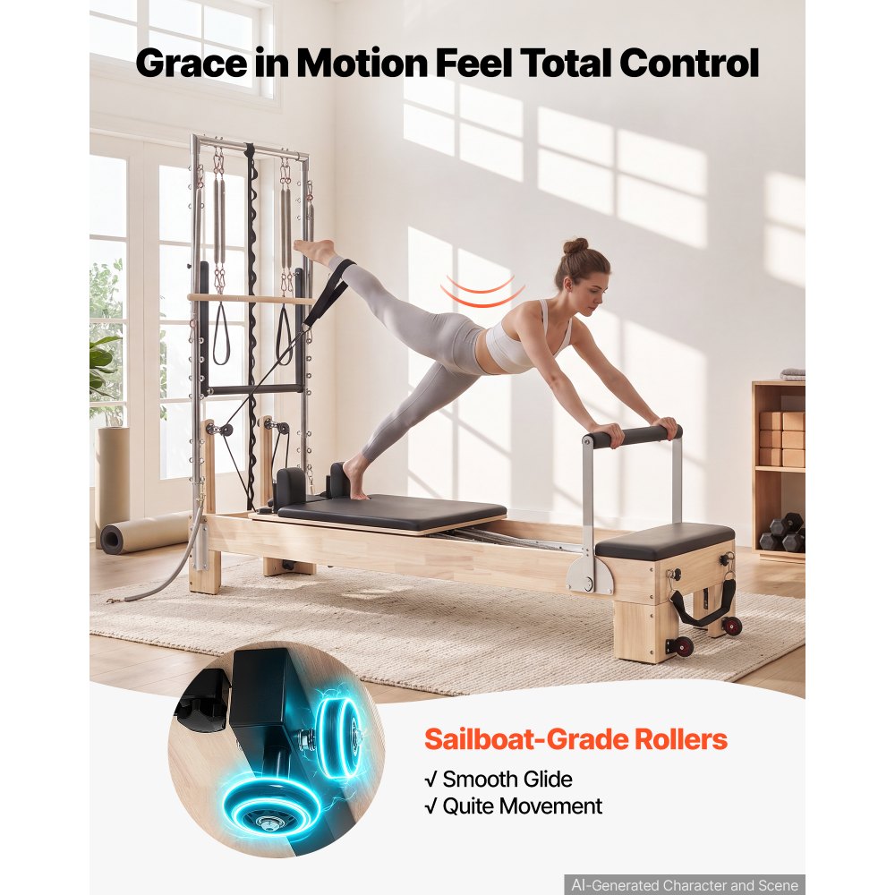 VEVOR Macchina Pilates Reformer Mezza Torre 181 kg in Legno di Caucciù Attrezzatura per Allenamento Forza, Flessibilità, Mobilità del Corpo, Palestra, Lunghezza 2,4 m, per Principianti, Avanzati