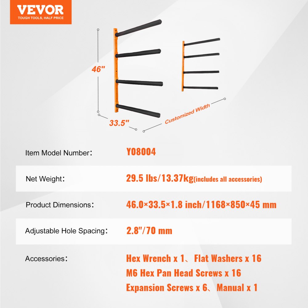 VEVOR Kayak Wall Mount Kayak Hanger 1168 x 850 x 45 mm, Kayak Stand for 4 Kayaks, 797.5 ± 10 mm Support Arm Length, 181.6 kg Load Capacity, Kayak Storage Rack, Robust Kayak Storage Hooks