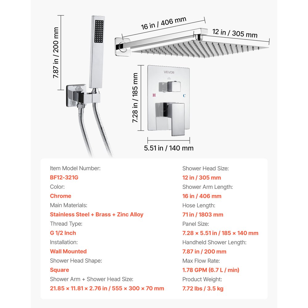 VEVOR Set Doccia, Sistema Doccia a Pioggia per Bagno con Soffione Quadrato da 30,5 cm e Doccetta, Accessori per Vasca da Parete con Valvola in Ottone e Kit di Finitura, Argento Cromato