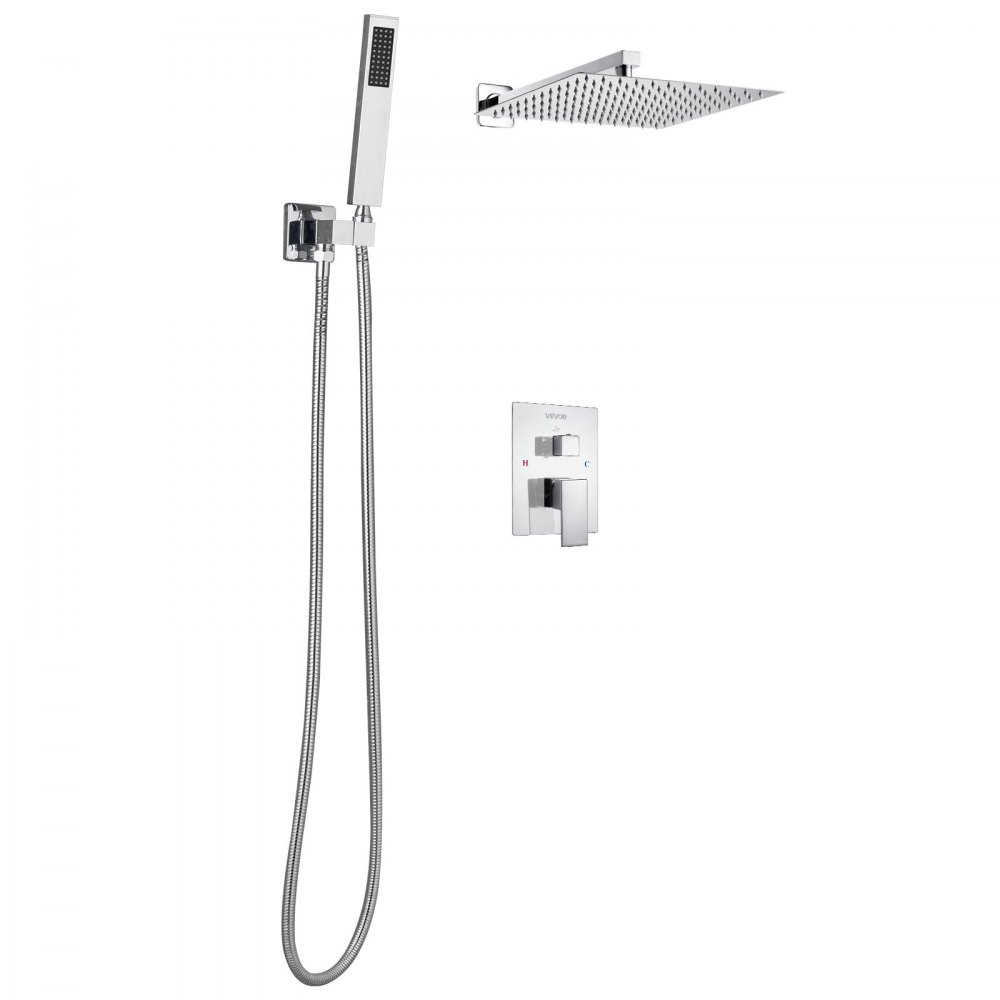 VEVOR Set Doccia, Sistema Doccia a Pioggia per Bagno con Soffione Quadrato da 30,5 cm e Doccetta, Accessori per Vasca da Parete con Valvola in Ottone e Kit di Finitura, Argento Cromato