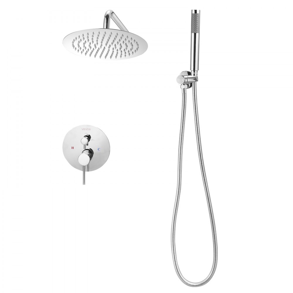 VEVOR Sistema Doccia a Pioggia per Bagno con Soffione Tondo 254 mm e Doccetta, Set di Rubinetti da Doccia a Parete, con Valvola in Ottone e Kit di Finitura, Rubinetto Doccia, Argento Cromato