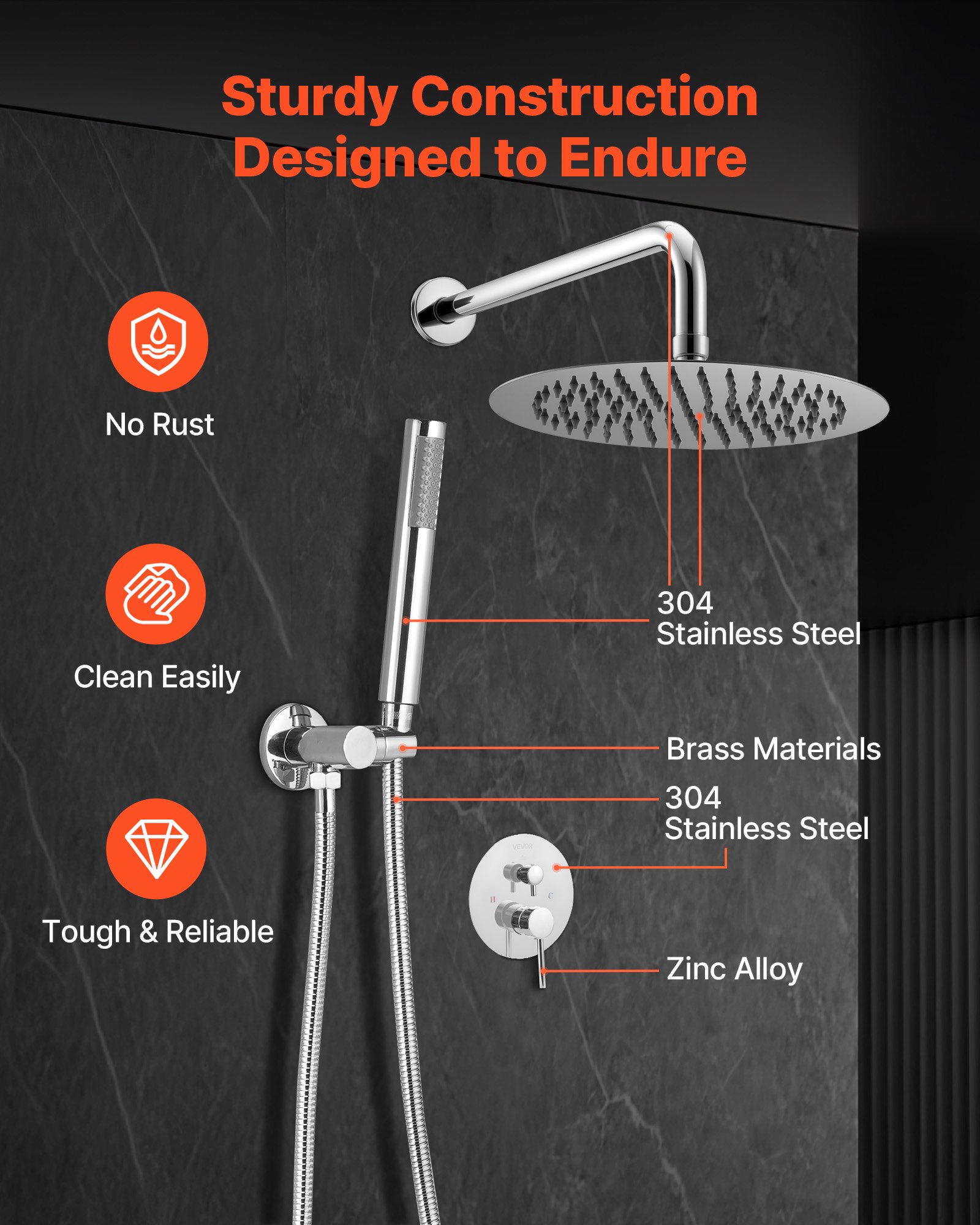 VEVOR Shower Faucet Set, Rainfall Bathroom Shower System with 10-Inch (25.4cm) Round Rain Shower Head and Handheld Spray, Wall Mounted Bath Fixtures with Brass Valve and Trim Kit, Silver Chrome