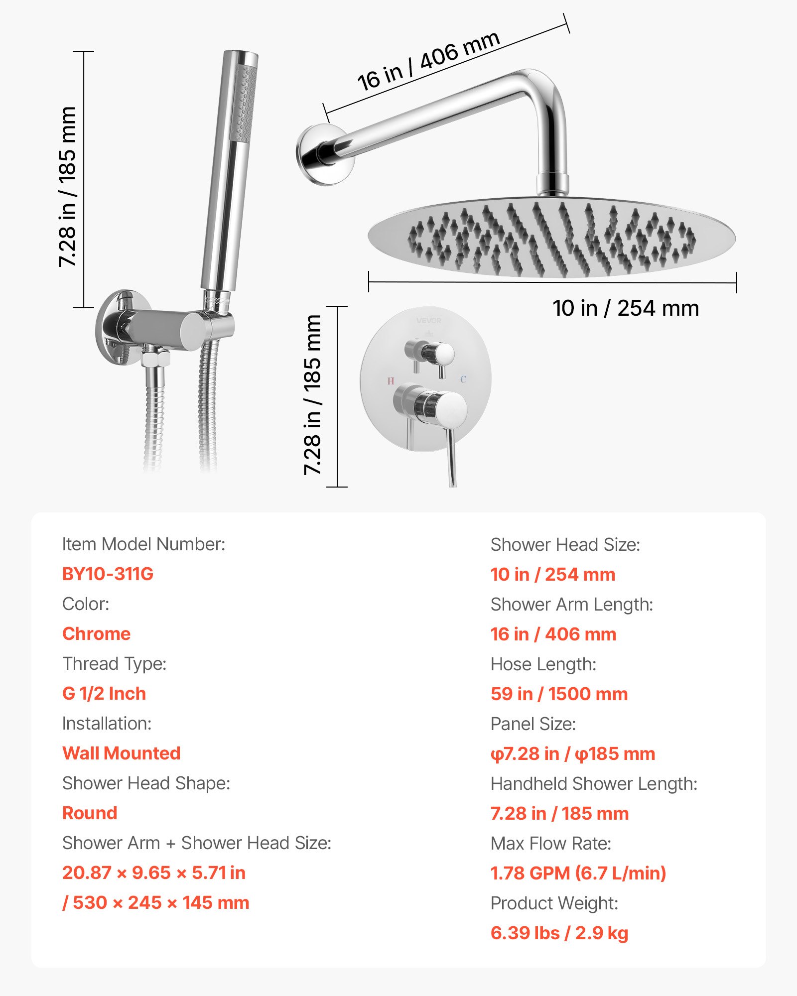VEVOR Shower Faucet Set, Rainfall Bathroom Shower System with 10-Inch (25.4cm) Round Rain Shower Head and Handheld Spray, Wall Mounted Bath Fixtures with Brass Valve and Trim Kit, Silver Chrome