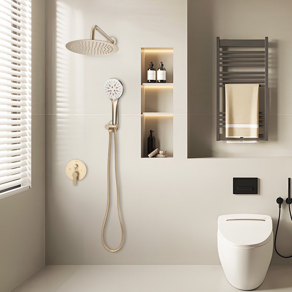 VEVOR Shower Faucet Set, Rainfall Bathroom Shower System with 10-Inch (25.4cm) Round Rain Shower Head and Handheld Spray, Wall Mounted Bath Fixtures with Brass Valve and Trim Kit, Brushed Gold