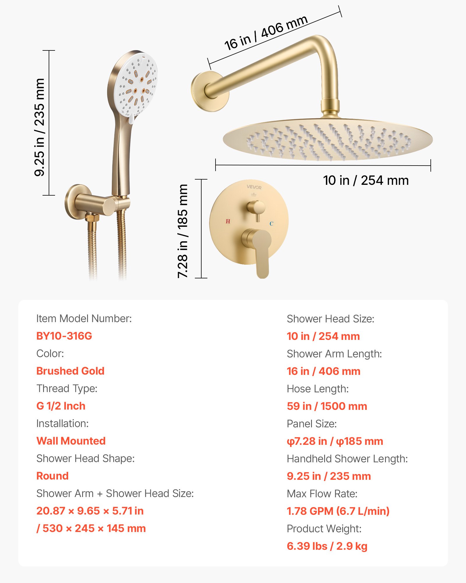 VEVOR Shower Faucet Set, Rainfall Bathroom Shower System with 10-Inch (25.4cm) Round Rain Shower Head and Handheld Spray, Wall Mounted Bath Fixtures with Brass Valve and Trim Kit, Brushed Gold
