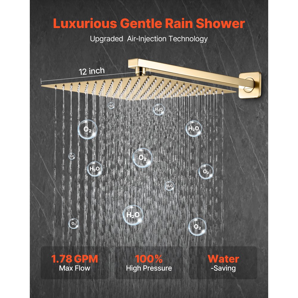 VEVOR Set Doccia, Sistema Doccia a Pioggia per Bagno con Soffione Quadrato da 30,5 cm e Doccetta, Accessori per Vasca da Parete con Valvola in Ottone e Kit di Finitura, Oro Spazzolato