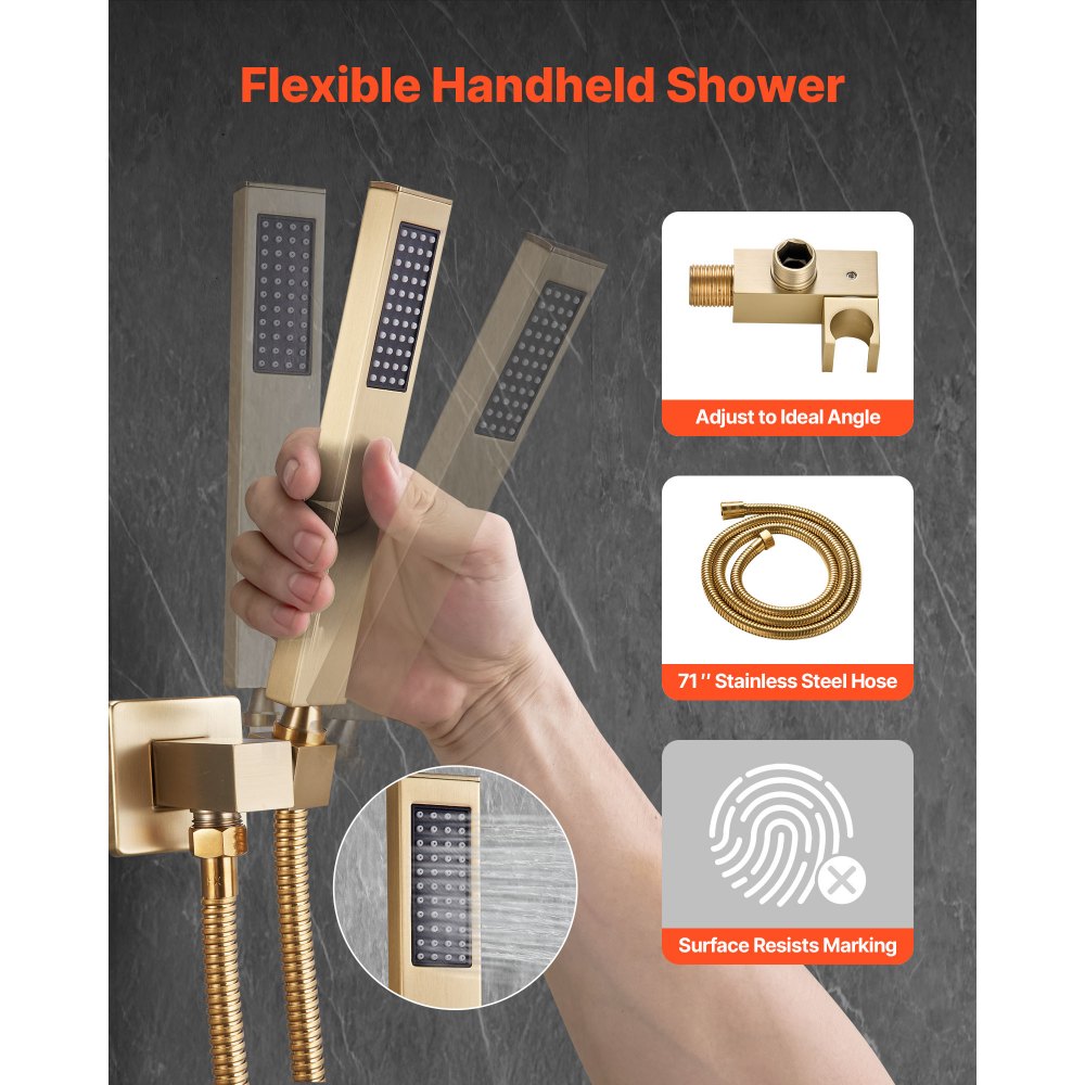 VEVOR Set Doccia, Sistema Doccia a Pioggia per Bagno con Soffione Quadrato da 30,5 cm e Doccetta, Accessori per Vasca da Parete con Valvola in Ottone e Kit di Finitura, Oro Spazzolato