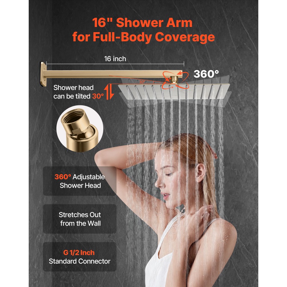 VEVOR Set Doccia, Sistema Doccia a Pioggia per Bagno con Soffione Quadrato da 30,5 cm e Doccetta, Accessori per Vasca da Parete con Valvola in Ottone e Kit di Finitura, Oro Spazzolato