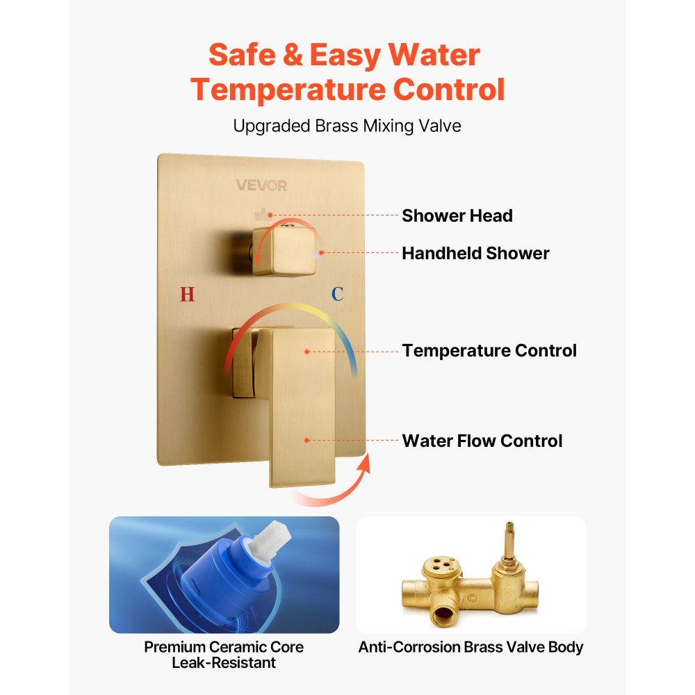 VEVOR Set Doccia, Sistema Doccia a Pioggia per Bagno con Soffione Quadrato da 30,5 cm e Doccetta, Accessori per Vasca da Parete con Valvola in Ottone e Kit di Finitura, Oro Spazzolato